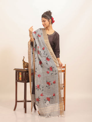 Slate Grey Linen Dupatta with Red Roses