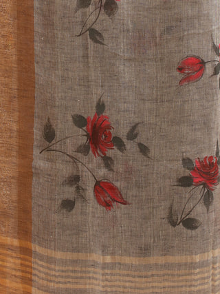 Slate Grey Linen Dupatta with Red Roses
