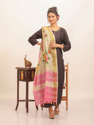 Beige Linen Dupatta with Vibrant Garden-Inspired Hand Painting