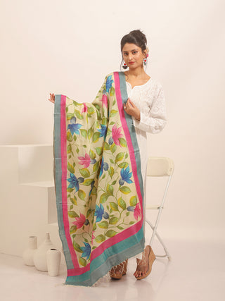 Iris Bloom Hand-Painted Pure Silk Dupatta
