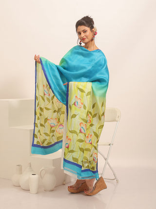 Turquoise Meadow Hand-Painted Pure Silk Dupatta