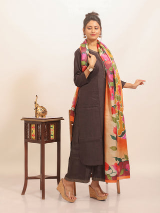 Tangerine Bloom Hand-Painted Pure Silk Dupatta