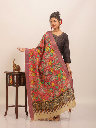 Dark Pink Kalamkari Dupatta with Lotus and Creeper Motifs