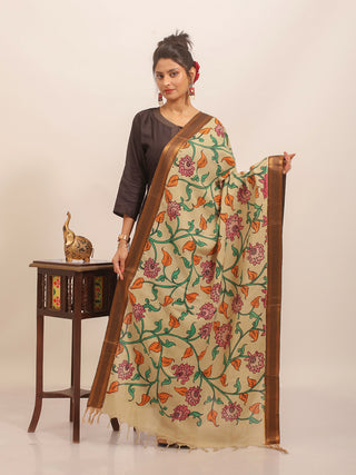 Beige Kalamkari Dupatta with Pink and Orange Flowers