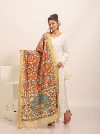 Brick-Red Kalamkari Bangalore Silk Dupatta