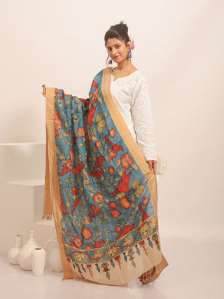 Blue Kalamkari Dupatta with Red Birds & Floral Motifs
