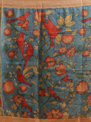 Blue Kalamkari Dupatta with Red Birds & Floral Motifs