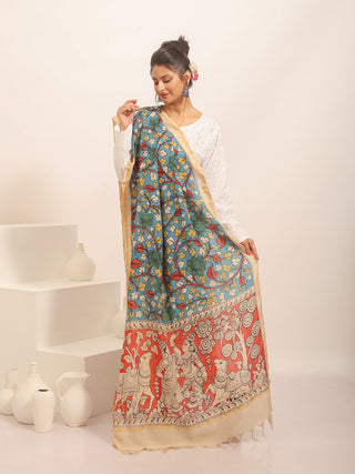Mythological Panel Kalamkari Dupatta in Blue and Rust