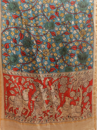 Mythological Panel Kalamkari Dupatta in Blue and Rust