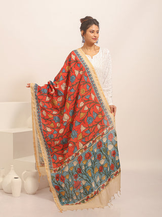 Dual Floral Panel Kalamkari Dupatta in Brick-Red and Blue