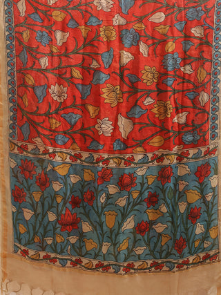 Dual Floral Panel Kalamkari Dupatta in Brick-Red and Blue