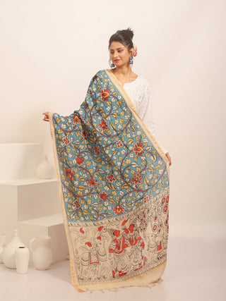 Radha-Krishna Kalamkari Dupatta with Floral Blue Body