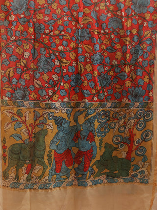 Krishna-Leela Kalamkari Dupatta in Red and Blue
