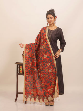 Brick-Red Floral Kalamkari Dupatta