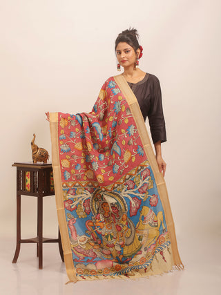 Radha-Krishna Kalamkari Dupatta with Divine Tableau