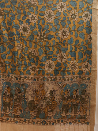 Krishna-Devotee Kalamkari Dupatta in Turquoise & Mustard