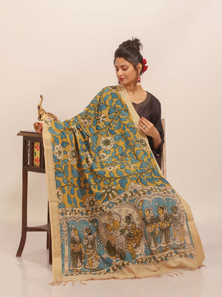 Krishna-Devotee Kalamkari Dupatta in Turquoise & Mustard