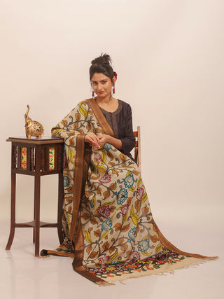 Beige Kalamkari Dupatta with Multicolour Floral & Brown Border