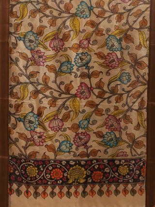 Beige Kalamkari Dupatta with Multicolour Floral & Brown Border