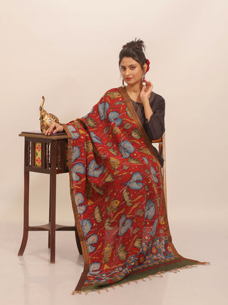 Lotus Pond Kalamkari Dupatta in Crimson Red