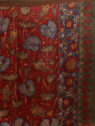 Lotus Pond Kalamkari Dupatta in Crimson Red