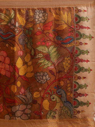 Earth Brown Kalamkari Dupatta with Peacocks & Florals