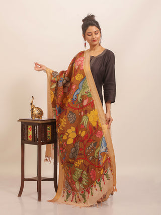 Earth Brown Kalamkari Dupatta with Peacocks & Florals