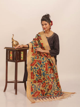 Beige & Crimson Kalamkari Dupatta with Lotus Trellis