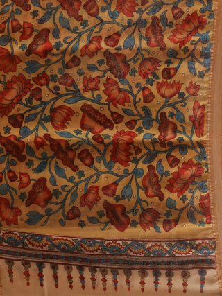 Beige & Crimson Kalamkari Dupatta with Lotus Trellis