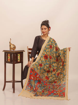 Royal Krishna Kalamkari Dupatta in Sage & Scarlet