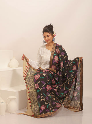 Noir Garden Kalamkari Dupatta with Elephant Pallu