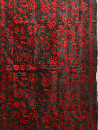 Black Blended Bangalore Silk Dupatta with Red Kantha Embroidery