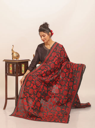 Black Blended Bangalore Silk Dupatta with Red Kantha Embroidery