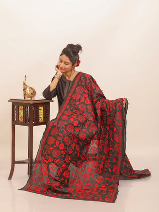 Black Blended Bangalore Silk Dupatta with Red Kantha Embroidery