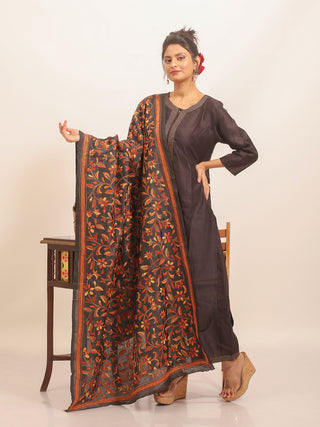 Deep Charcoal Blended Bangalore Silk Dupatta with Rust & Ochre Kantha Work