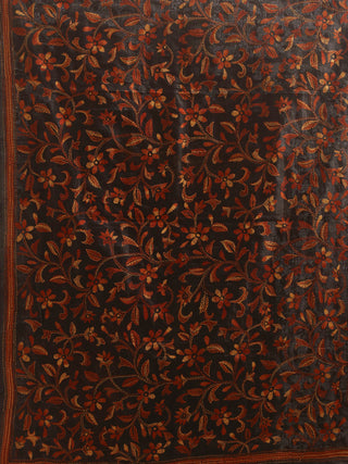 Deep Charcoal Blended Bangalore Silk Dupatta with Rust & Ochre Kantha Work