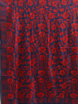 Indigo Blue Bangalore Silk Dupatta with Scarlet Kantha Embroidery