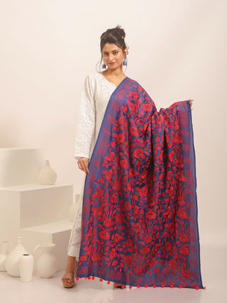 Indigo Blue Bangalore Silk Dupatta with Scarlet Kantha Embroidery
