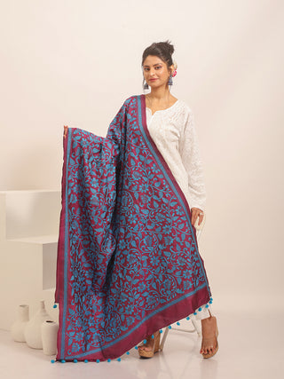 Plum & Blue Hand-Embroidered Kantha Dupatta in Bangalore Silk