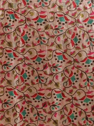 Ivory Bangalore Silk Dupatta with Pink & Teal Hand Painting and Kantha Highlights