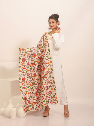 Ivory-Toned Floral Bangalore Silk Dupatta with Orange & Green Kantha Accents