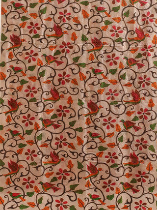 Ivory-Toned Floral Bangalore Silk Dupatta with Orange & Green Kantha Accents