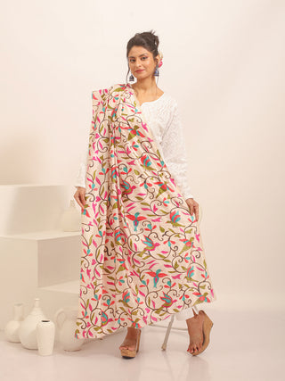 Ivory Bangalore Silk Dupatta with Aqua & Magenta Floral Vines and Kantha Work