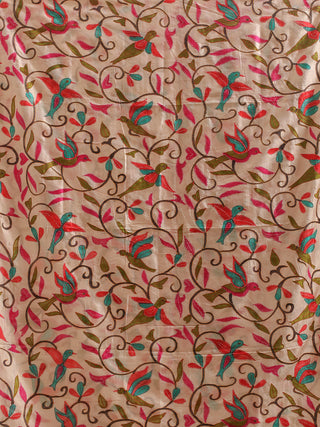 Ivory Bangalore Silk Dupatta with Aqua & Magenta Floral Vines and Kantha Work