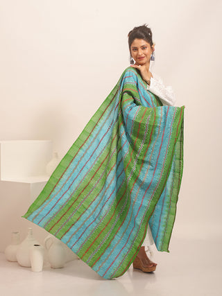Sky & Leaf Green Tie-Dye Tussar Silk Dupatta with Kantha Work