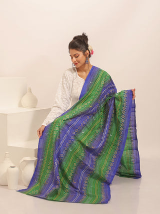 Royal Blue & Emerald Green Tie-Dye Tussar Silk Dupatta with Geometric Kantha Embroidery