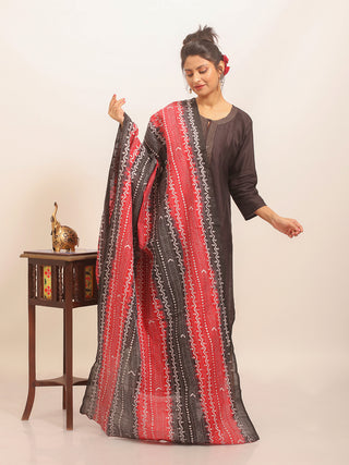 Black & Red Tie-Dye Tussar Silk Dupatta with Linear Kantha Embroidery
