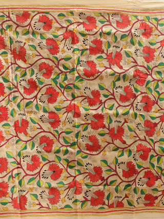 Ivory Tussar Silk Dupatta with Red Floral Kantha Embroidery