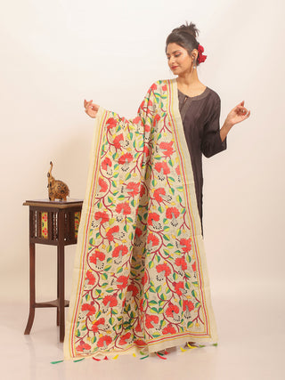 Ivory Tussar Silk Dupatta with Red Floral Kantha Embroidery
