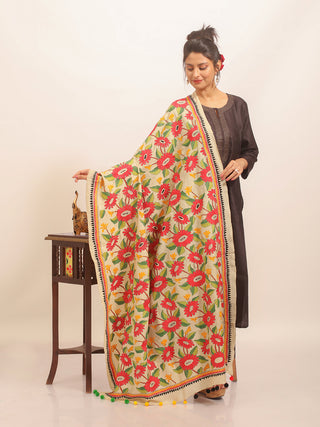 Tussar Silk Dupatta with Vibrant Red & Orange Kantha Florals